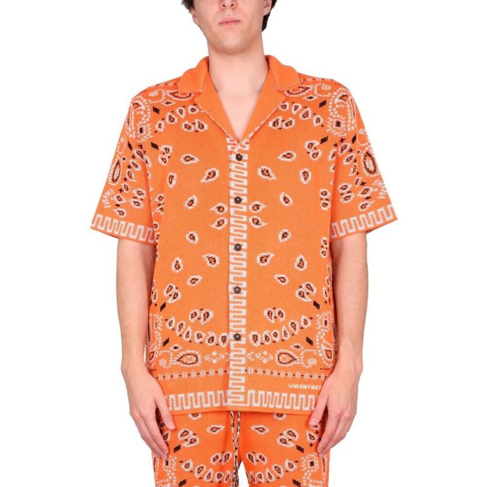 ALANUI Men's Knitted Bandana Print Short Sleeve Shirt Men ORANGE Shirts